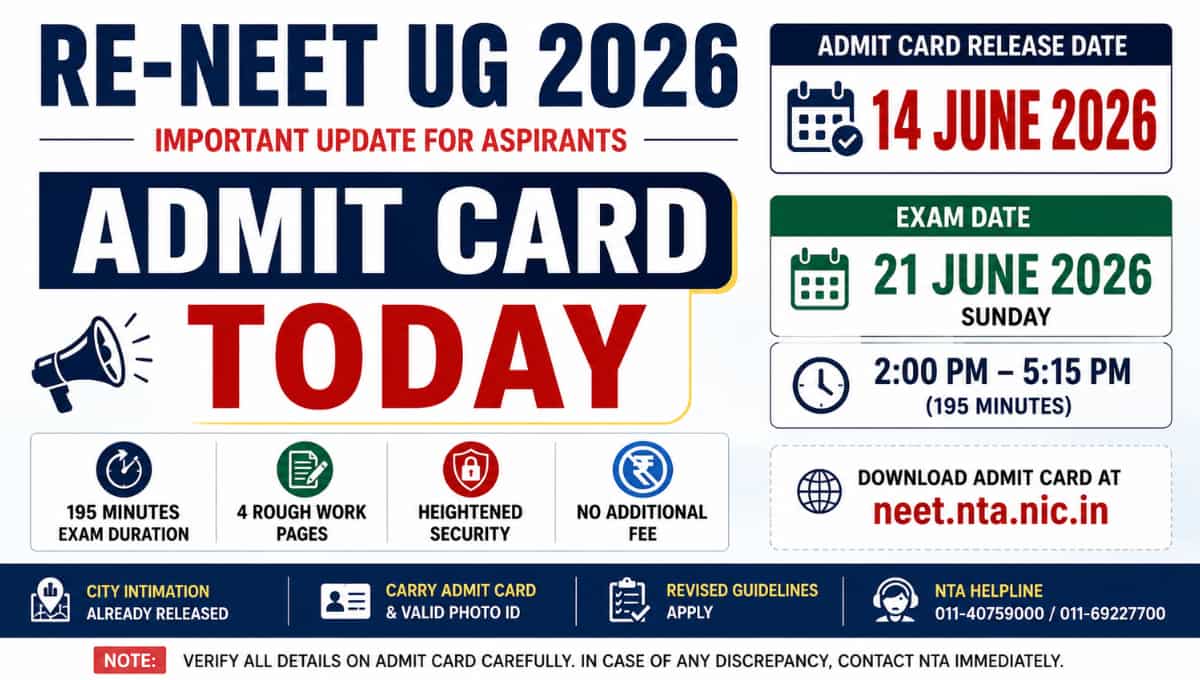 Re-NEET UG 2026 Exam Alert: Admit Card Release Today